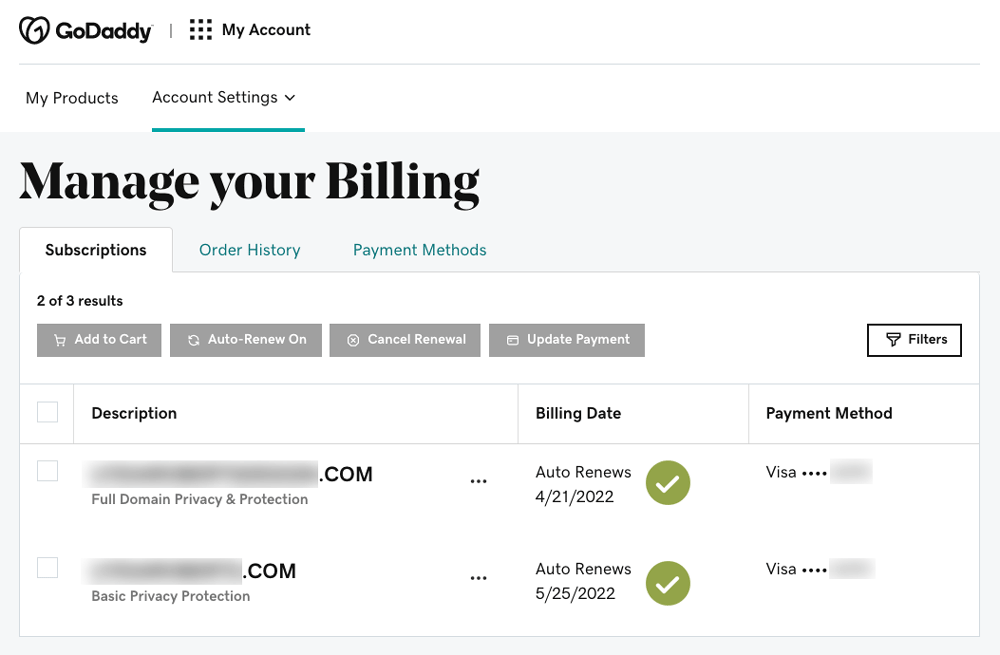 Screenshot of Subscriptions area in Godaddy