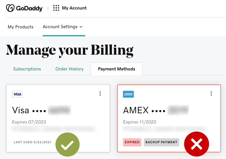 Screenshot of credit card management area in Godaddy